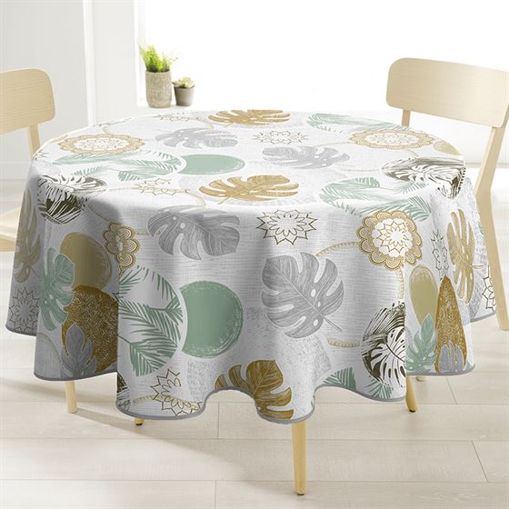 Round tablecloth, ecru with monstera leaves