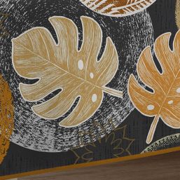 Nappe de table anthracite avec feuilles monstera | Franse Tafelkleden