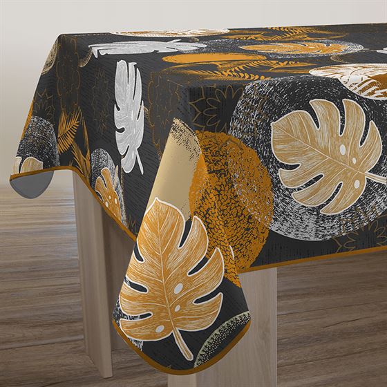 Rectangular tablecloth, anthracite with monstera leaves