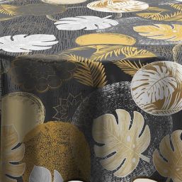 Tischdecke Anthrazit mit Monstera-Blättern | Franse Tafelkleden