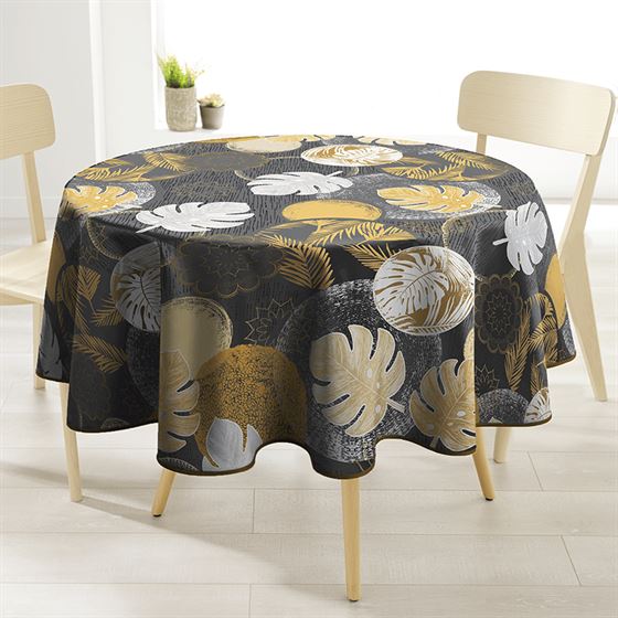 Round tablecloth, anthracite with monstera leaves
