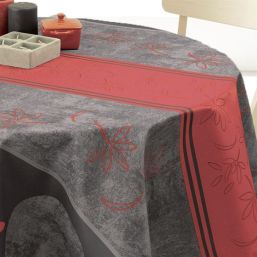 Tablecloth anthracite, red with lotus flower | Franse Tafelkleden