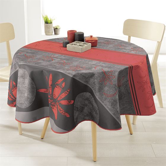 Round anti-stain tablecloth, anthracite with red lotus flower