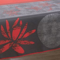 Tischdecke anthrazit, rot mit Lotusblüte | Franse Tafelkleden