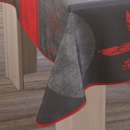 Tischdecke anthrazit, rot mit Lotusblüte | Franse Tafelkleden