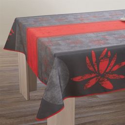 Rectangular anti-stain tablecloth, anthracite decorated with red lotus flower