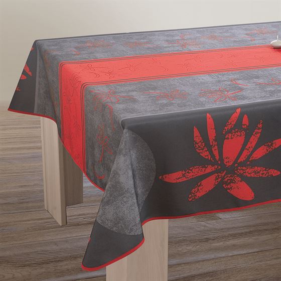 Rechthoekig anti-vlek tafelkleed, antraciet versiert met rode lotusbloem