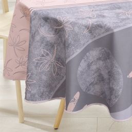 Tischdecke Anti-Fleck grau, rosa mit Lotusblüte | Franse Tafelkleden