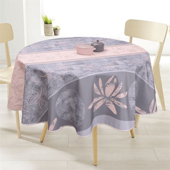 Ronde anti-vlek tafelkleed, antraciet gedecoreerd met roze lotusbloem