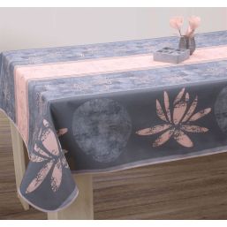 Rectangular anti-stain tablecloth, anthracite decorated with pink lotus flower
