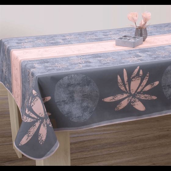 Nappe de table rectangulaire antitache, anthracite décorée de fleur de lotus rose