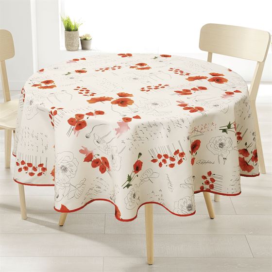 Tablecloth round 160 cm ecru with rouge poppy anti-stain