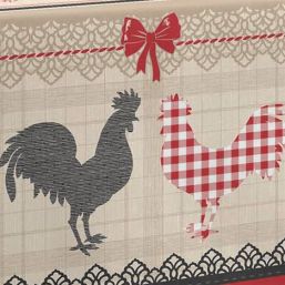 Tablecloth anti-stain beige, red with chickens | Franse Tafelkleden