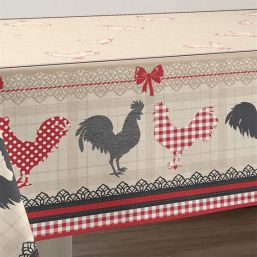 Tischdecke Anti-Fleck beige, rot mit Hühnern | Franse Tafelkleden
