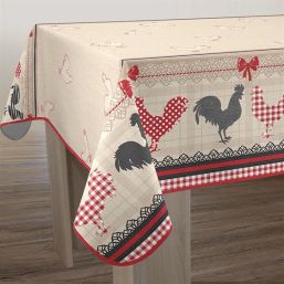 Nappe de table anti tache beige, rouge avec poules | Franse Tafelkleden
