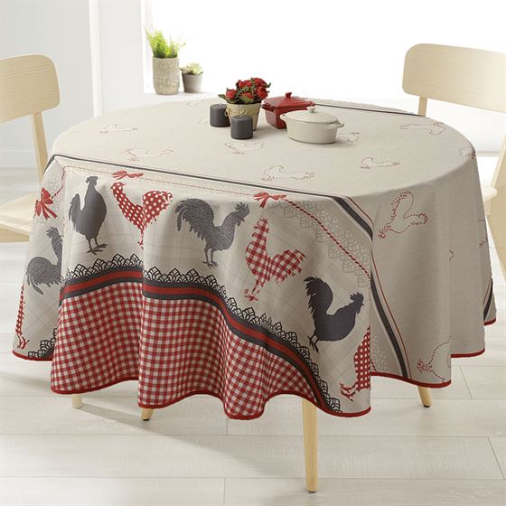 Tischdecke Anti-Fleck beige, rot mit Hühnern | Franse Tafelkleden