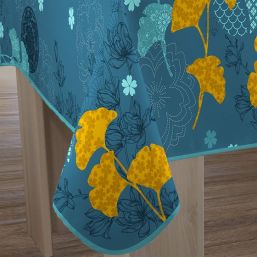 Tischdecke blau mit gelber Ginkgo blüte | Franse Tafelkleden