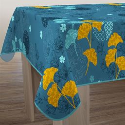Tischdecke blau mit gelber Ginkgo blüte | Franse Tafelkleden