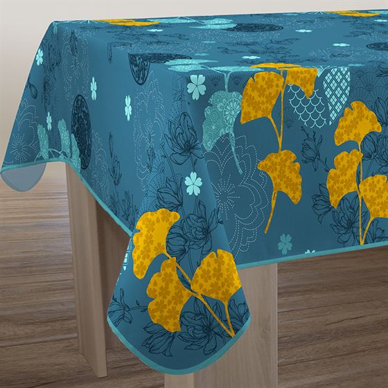 Tablecloth blue with yellow Ginkgo flower | Franse Tafelkleden