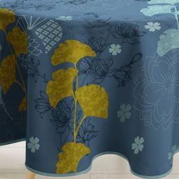 Tablecloth blue with yellow Ginkgo flower | Franse Tafelkleden