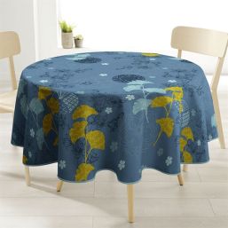 Tafelkleed rond 160 cm blauw met gele Ginkgo bloem