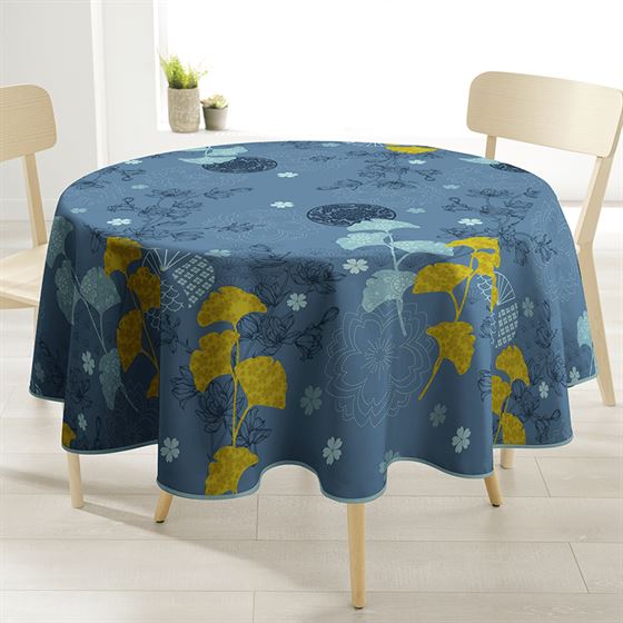 Tischdecke rund 160 cm blau mit gelber Ginkgo blüte