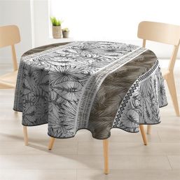 Tischdecke 160 cm rund, grau weiße Palmblätter