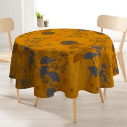 Tablecloth 160 cm round, saffron with gray Ginkgo flowers