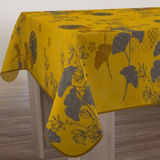 Tablecloth rectangular, saffron with gray Ginkgo flowers