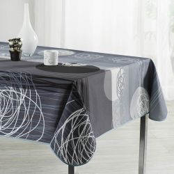 Tablecloth gray black stripes and circles 300 X 148 French tablecloths. Camping and terrace, inside and out.