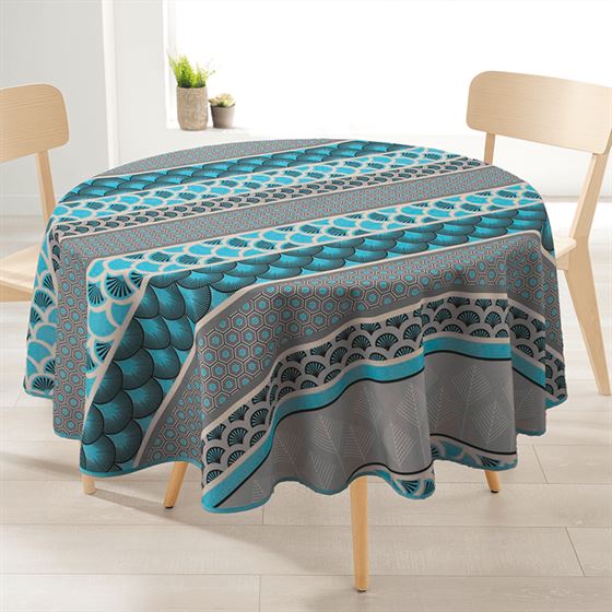 Tablecloth round, blue with feather and bows. Anti-stain.