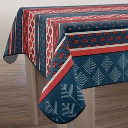 Tischdecke Anti-Fleck rechteckig, rot mit blauen Federn, Bögen und Sechsecken.