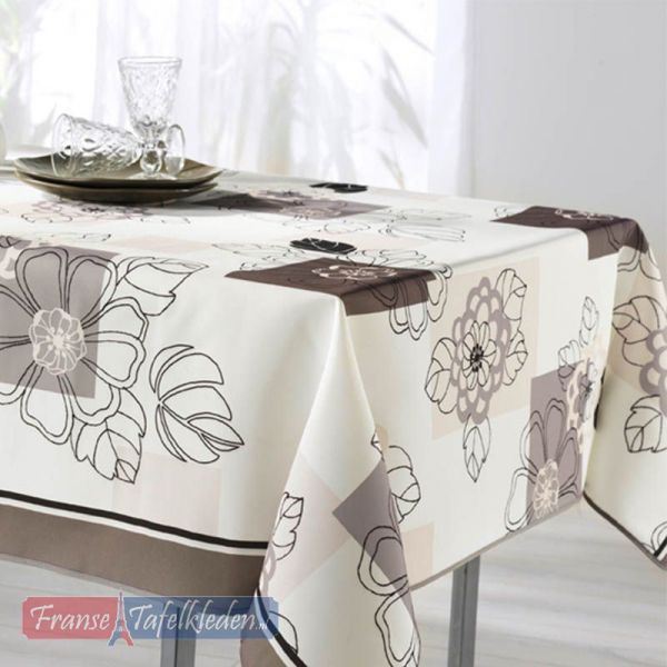 Tischdecke weiße Taupe Blumen 300 X 148 französische Tischdecken