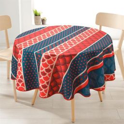 Tablecloth anti-stain round 160cm, red with blue feathers, arches and hexagons.