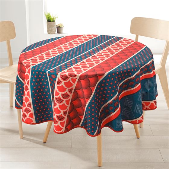 Nappe de table anti-tache ronde 160cm, rouge avec plumes bleues, arcs et hexagones.
