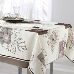 Klassiek tafelkleed 350 X 148  met wit, taupe en creme met bloemen en vierkantjes