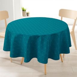 Tablecloth anti-stain 160 cm round, turquoise blue with triangles.