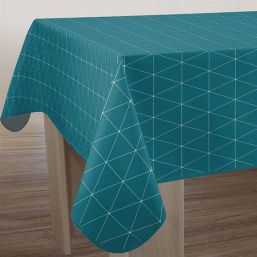 Tablecloth anti-stain rectangular, turquoise blue with triangles.