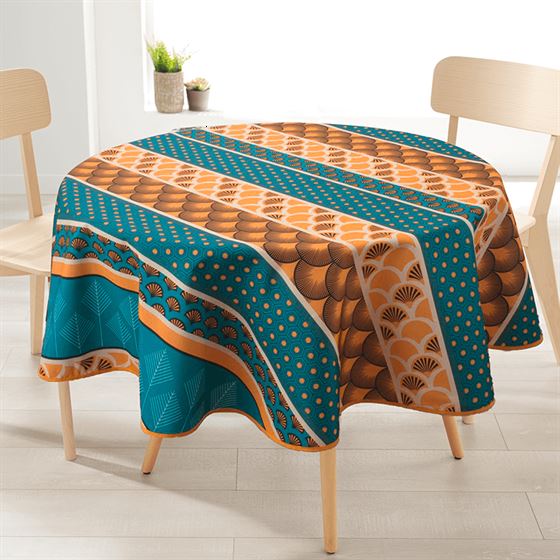 Tablecloth anti-stain 160 cm round, orange with blue feathers, arches and hexagon.