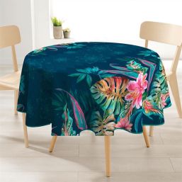 Tablecloth anti-stain 160 cm round, blue with an oasis of colorful flowers and leaves.