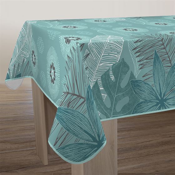 Tablecloth anti-stain rectangular, green with an oasis of green Celadon leaves.