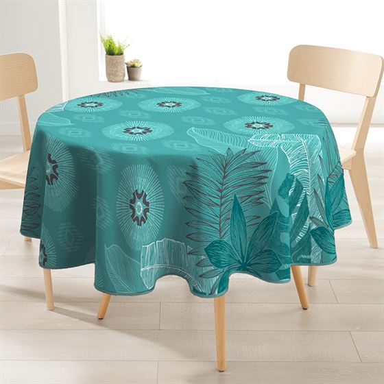 Tablecloth anti-stain 160 cm round, green with an oasis of green Celadon leaves.