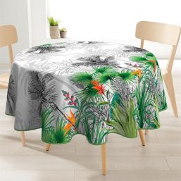 Nappe de table anti-tache 160 cm ronde, fleurs de paradis.