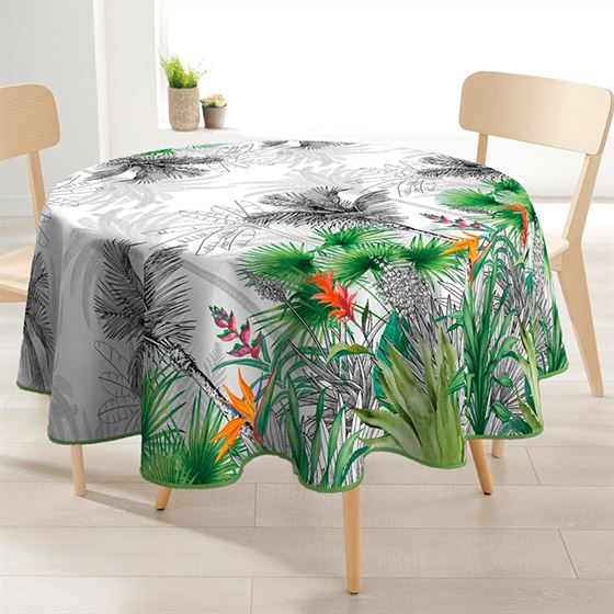 Nappe de table anti-tache 160 cm ronde, fleurs de paradis.
