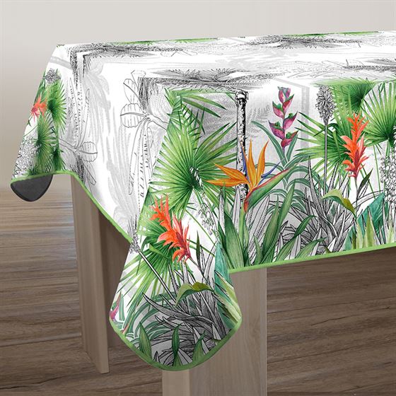 Tablecloth anti-stain rectangular, ecru with paradise flowers.