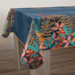 Tablecloth anti-stain rectangular, blue with jungle leaves