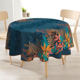 Tablecloth anti-stain 160cm round, blue with jungle leaves