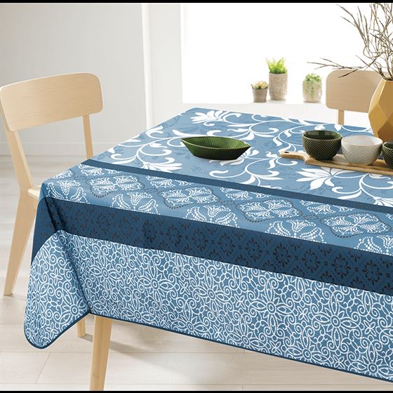 Tablecloth anti-stain rectangular, blue with ornaments and leaves motif
