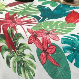 Tablecloth anti-stain ecru monstera leaves | Franse Tafelkleden