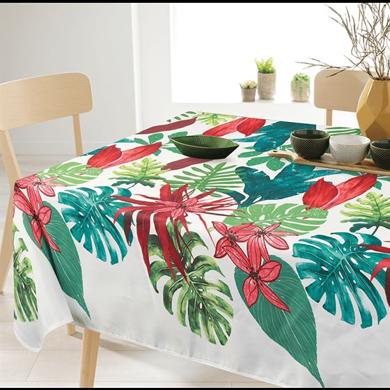 Tablecloth anti-stain rectangular, ecru with monstera leaves